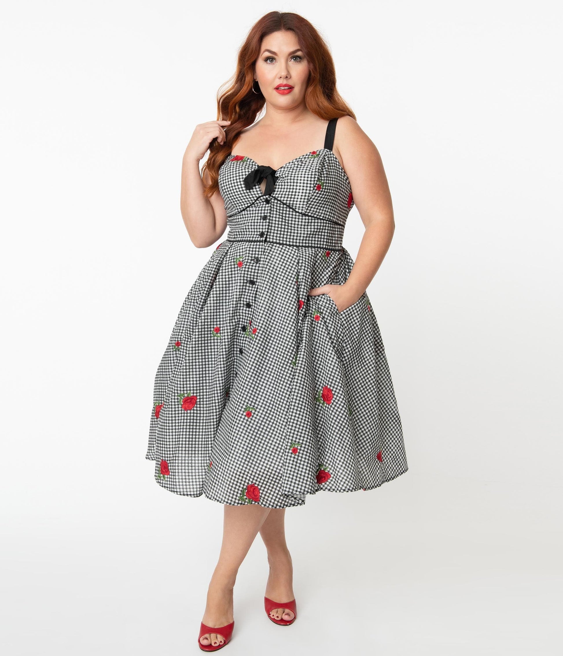Unique Vintage Plus Size Gingham & Roses Rockie Swing Dress