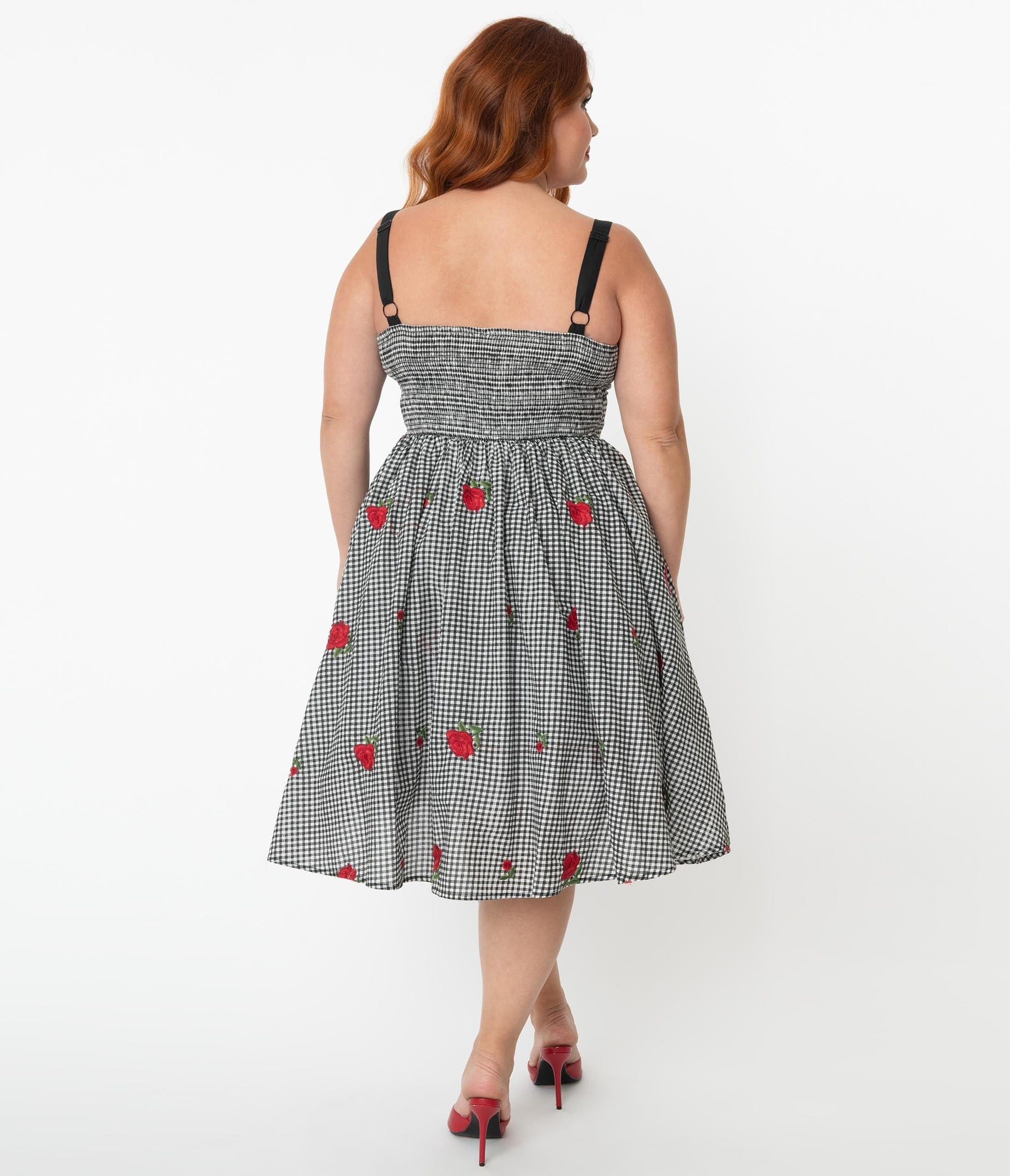 Unique Vintage Plus Size Gingham & Roses Rockie Swing Dress