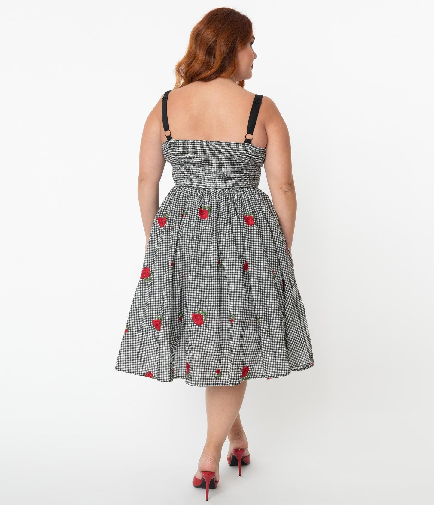 Unique Vintage Plus Size Gingham & Roses Rockie Swing Dress