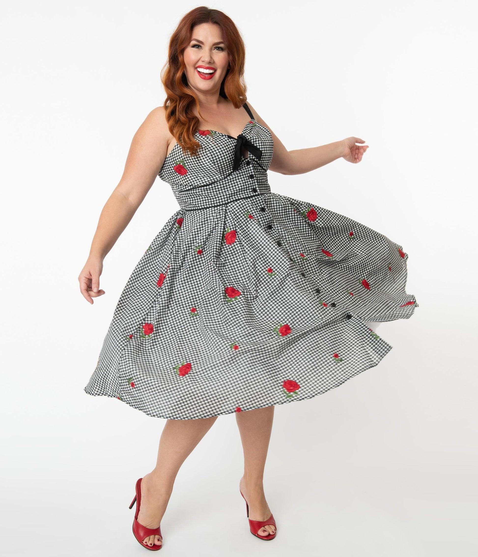 Unique Vintage Plus Size Gingham & Roses Rockie Swing Dress