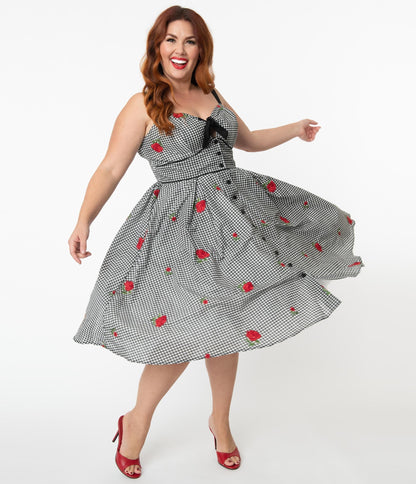 Unique Vintage Plus Size Gingham & Roses Rockie Swing Dress