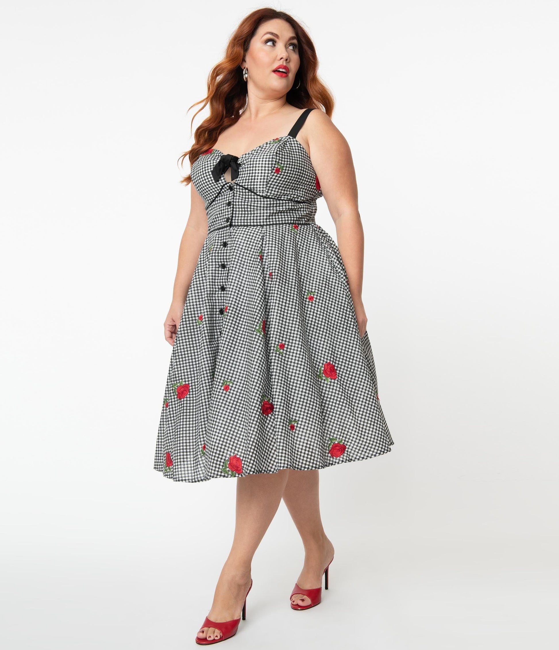 Unique Vintage Plus Size Gingham & Roses Rockie Swing Dress