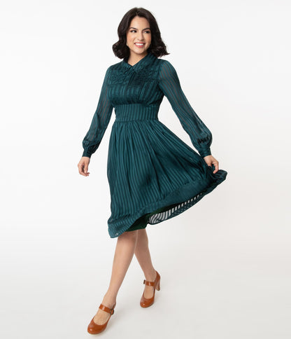 1940s Unique Vintage Teal Striped Deirdre Shirt Dress