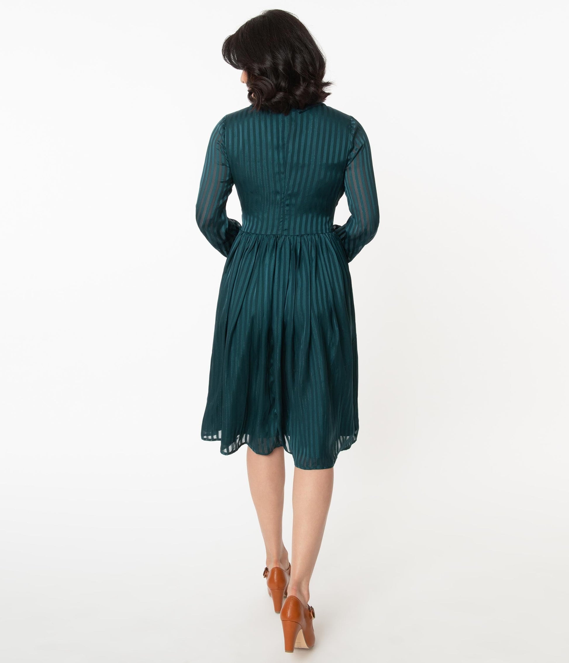 1940s Unique Vintage Teal Striped Deirdre Shirt Dress