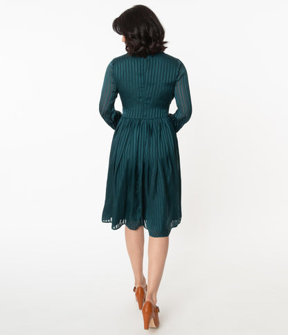 1940s Unique Vintage Teal Striped Deirdre Shirt Dress