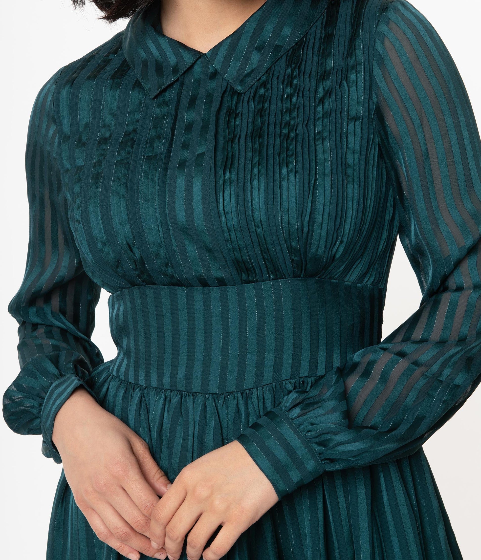 1940s Unique Vintage Teal Striped Deirdre Shirt Dress