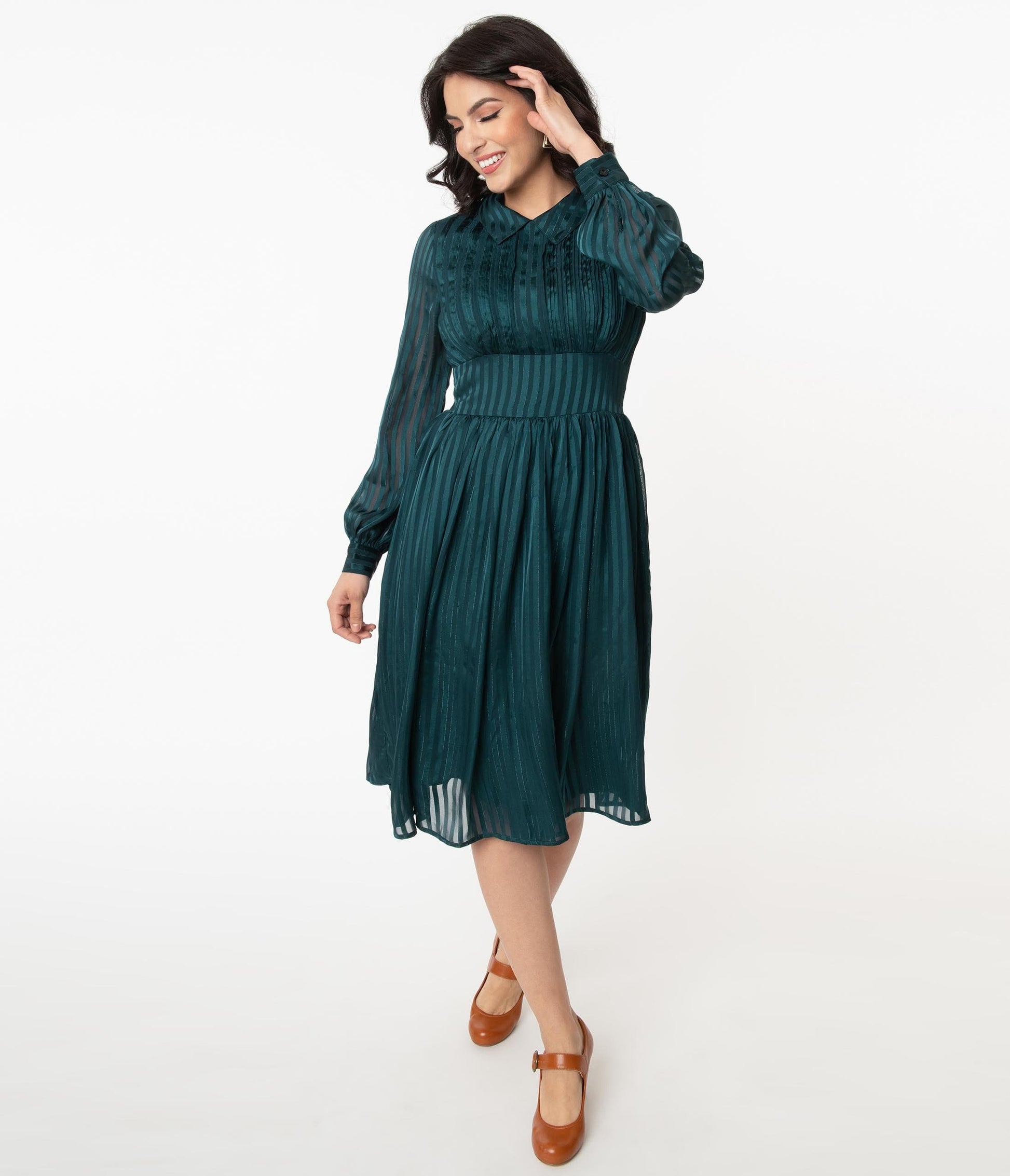 1940s Unique Vintage Teal Striped Deirdre Shirt Dress