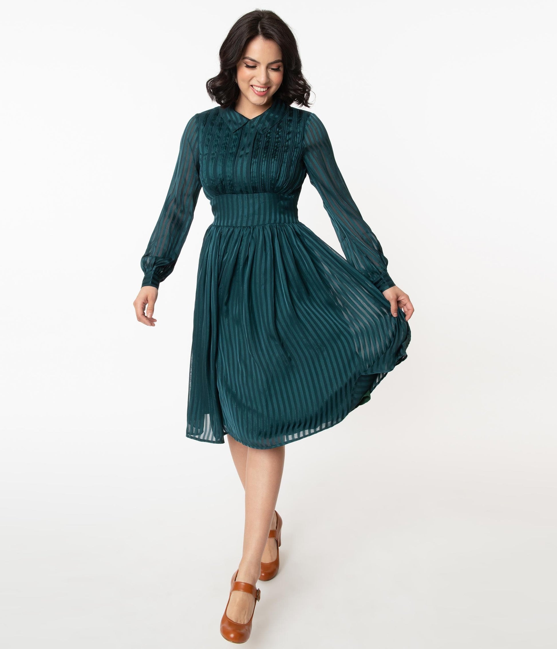 1940s Unique Vintage Teal Striped Deirdre Shirt Dress