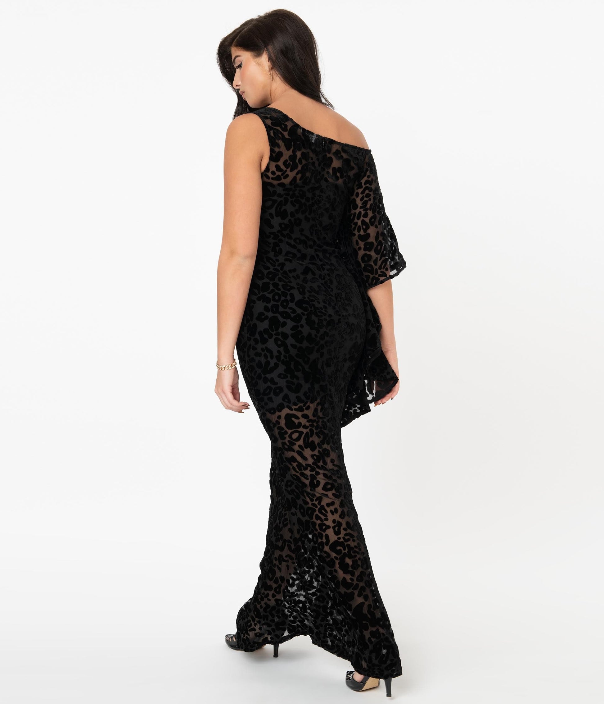 1970s Unique Vintage Black Leopard Devore Velvet Amoret Caftan