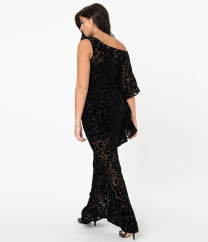 1970s Unique Vintage Black Leopard Devore Velvet Amoret Caftan