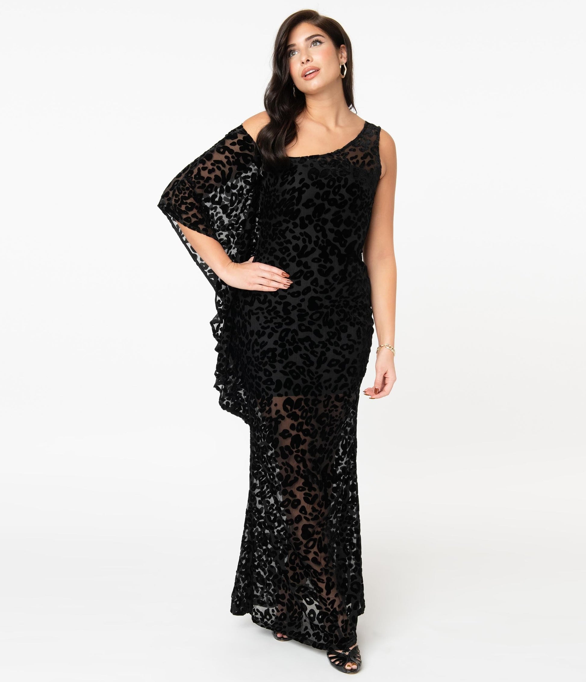 1970s Unique Vintage Black Leopard Devore Velvet Amoret Caftan