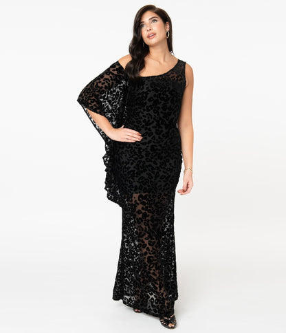 1970s Unique Vintage Black Leopard Devore Velvet Amoret Caftan