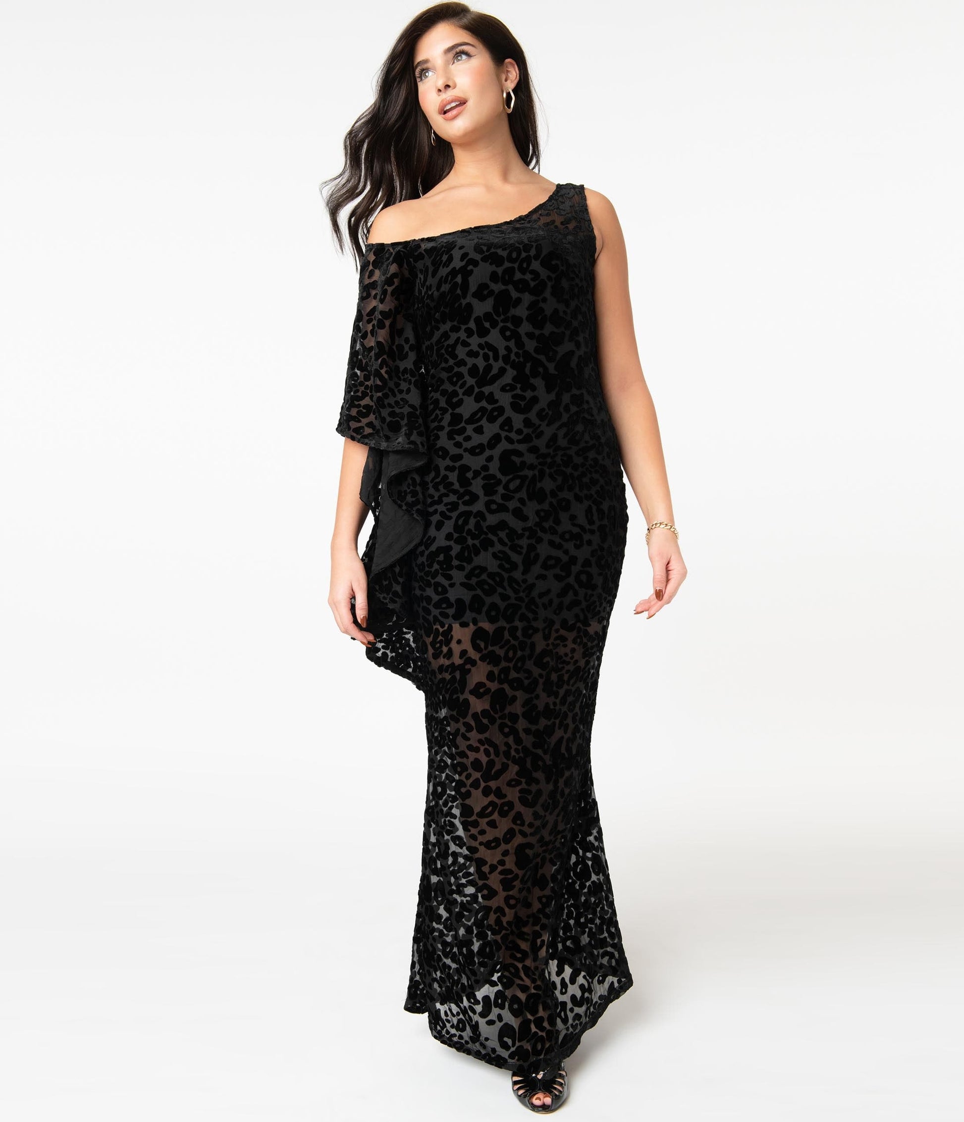 1970s Unique Vintage Black Leopard Devore Velvet Amoret Caftan