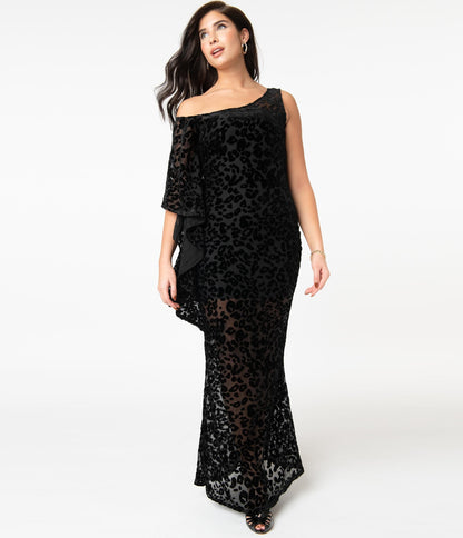 1970s Unique Vintage Black Leopard Devore Velvet Amoret Caftan