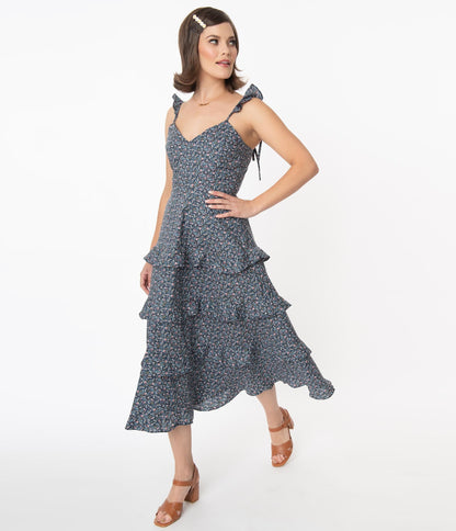 Navy & Pink Floral Tiered Ruffle Midi Summer Dress