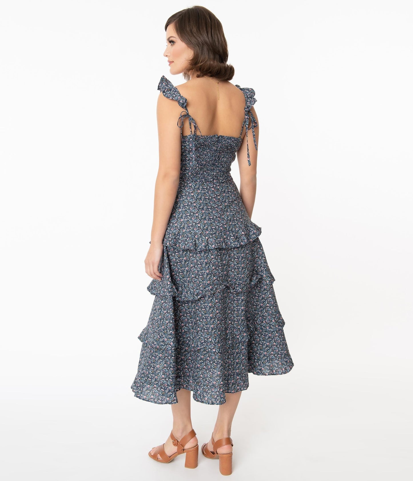 Navy & Pink Floral Tiered Ruffle Midi Summer Dress