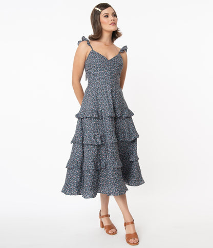 Navy & Pink Floral Tiered Ruffle Midi Summer Dress