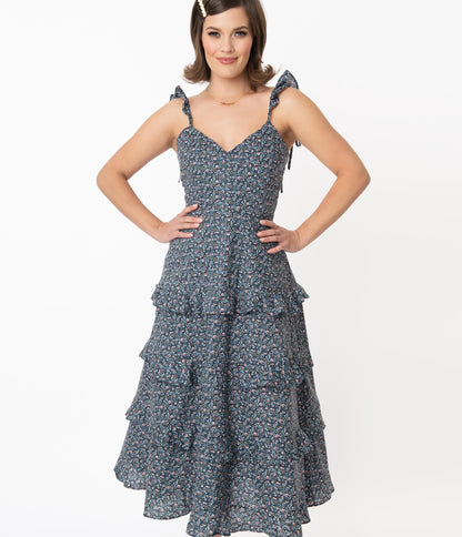 Navy & Pink Floral Tiered Ruffle Midi Summer Dress