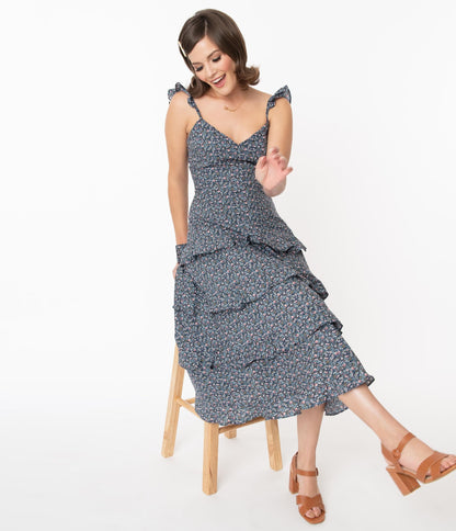 Navy & Pink Floral Tiered Ruffle Midi Summer Dress