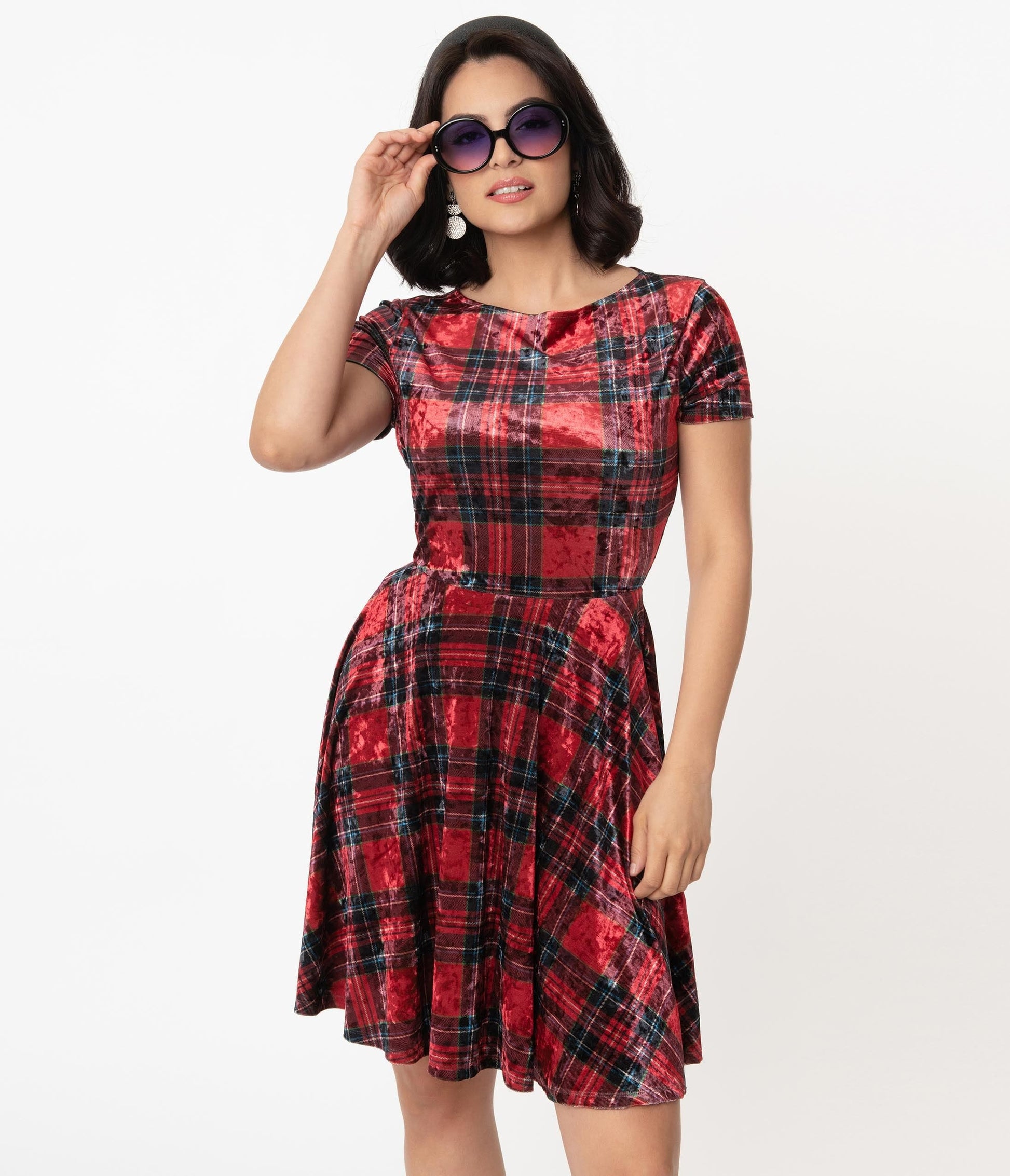 1960s Unique Vintage Red & Black Plaid Velvet Ricci Fit & Flare Dress