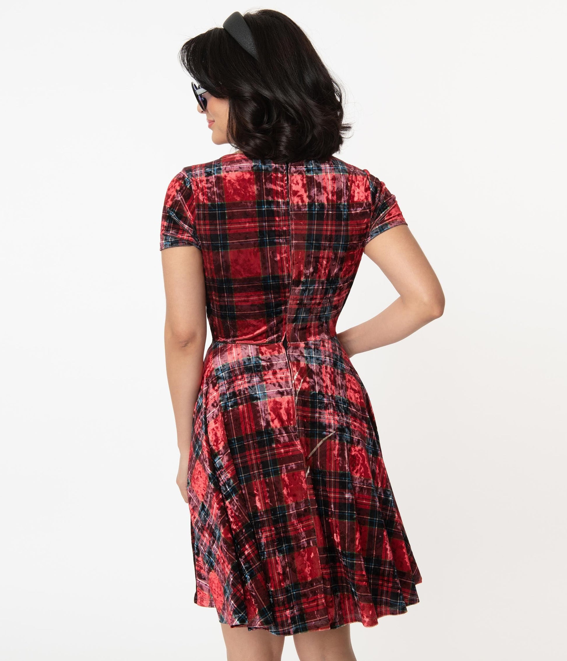 1960s Unique Vintage Red & Black Plaid Velvet Ricci Fit & Flare Dress