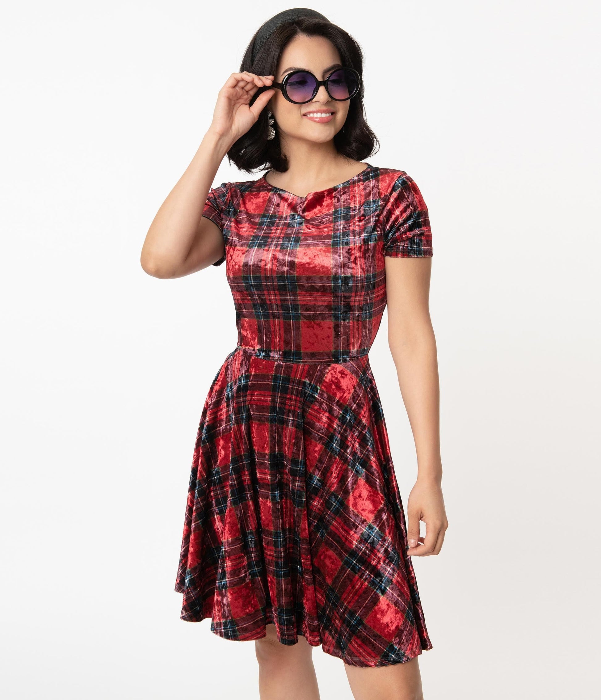 1960s Unique Vintage Red & Black Plaid Velvet Ricci Fit & Flare Dress