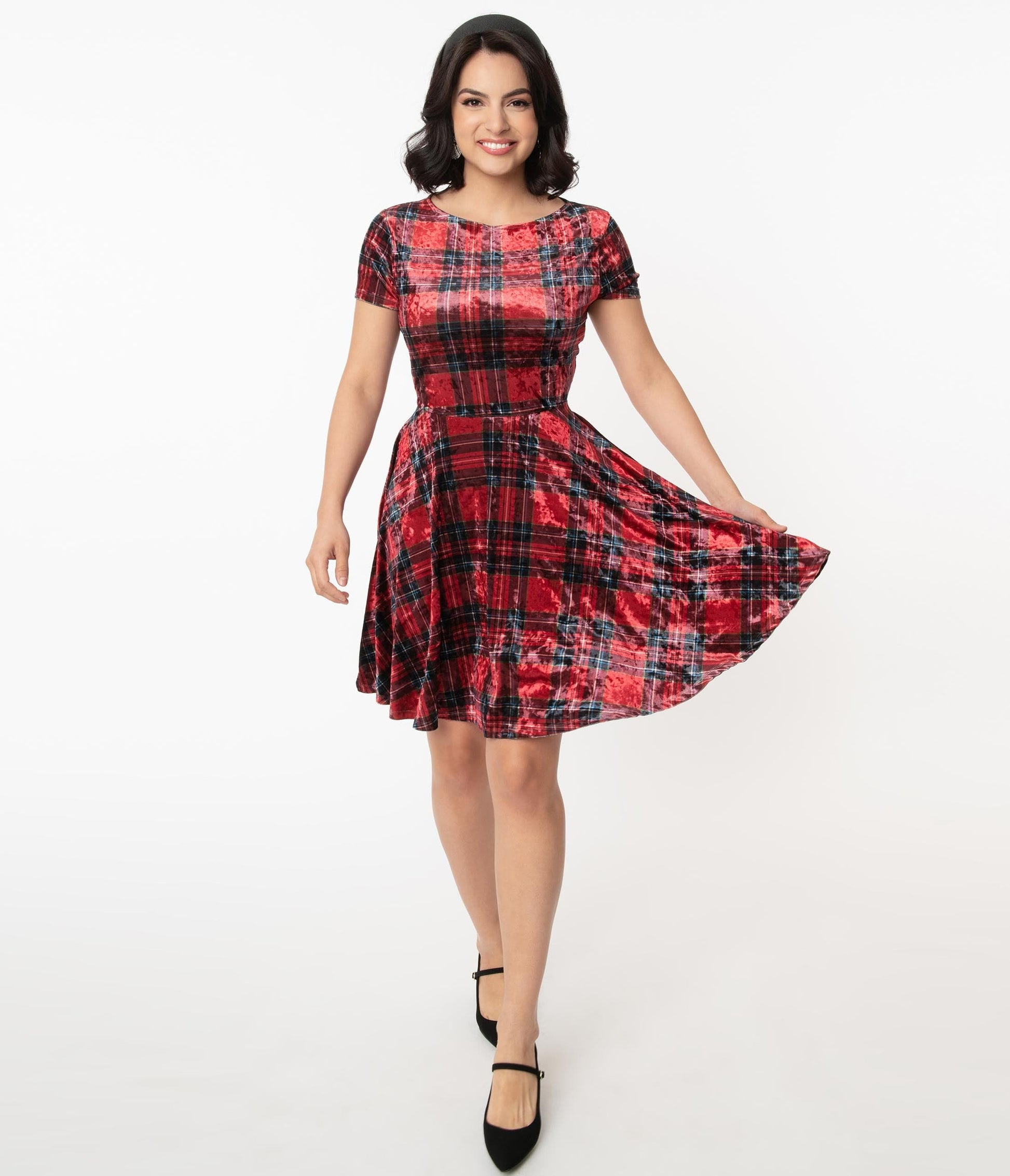 1960s Unique Vintage Red & Black Plaid Velvet Ricci Fit & Flare Dress