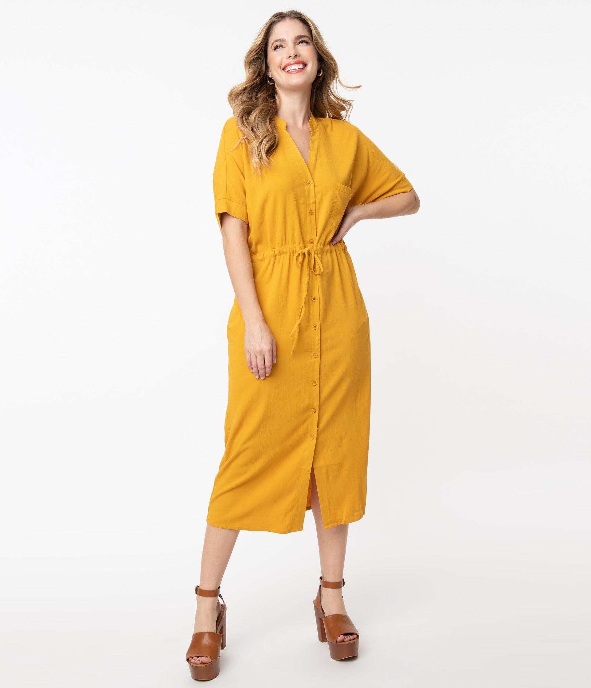 1970s Mustard Button Up Midi Shirtdress