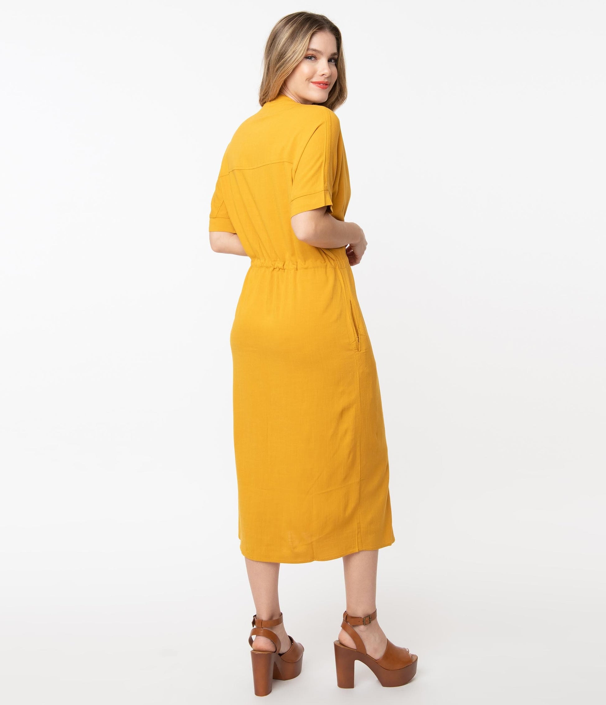 1970s Mustard Button Up Midi Shirtdress