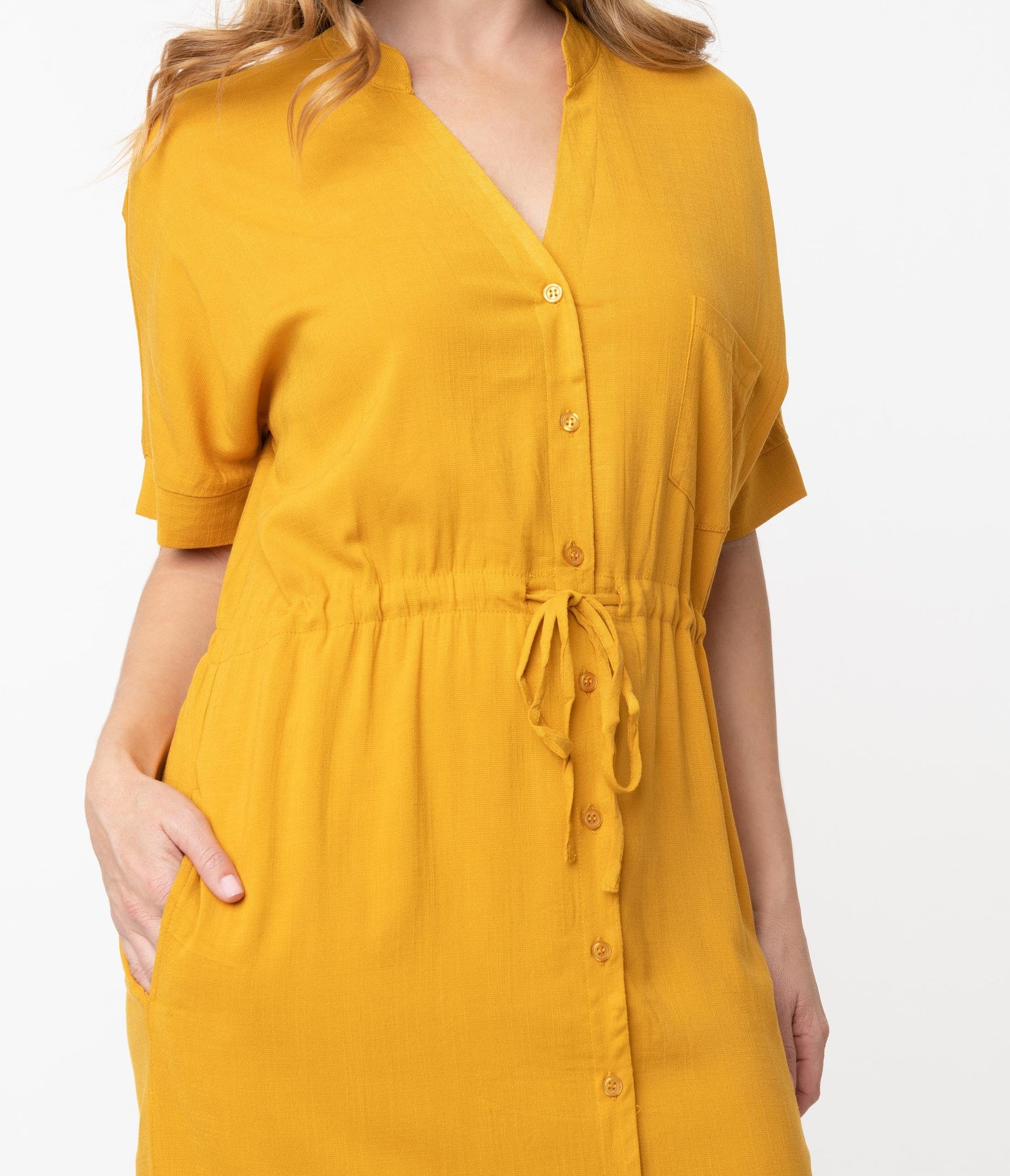 1970s Mustard Button Up Midi Shirtdress