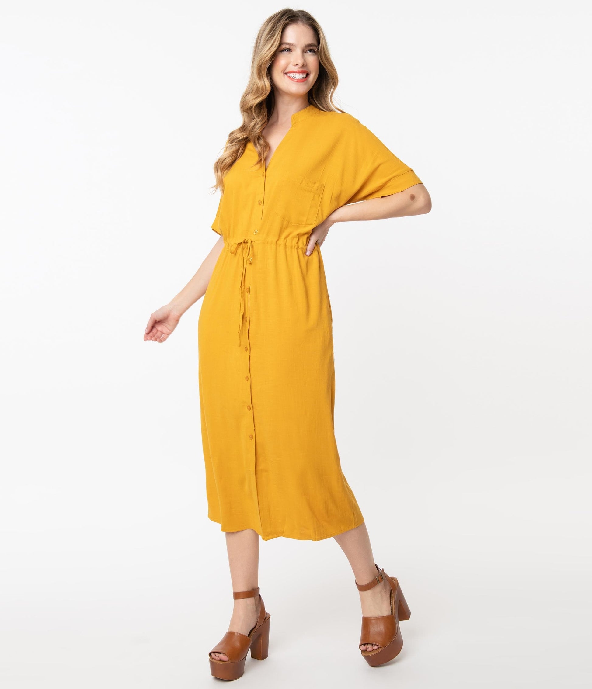 1970s Mustard Button Up Midi Shirtdress
