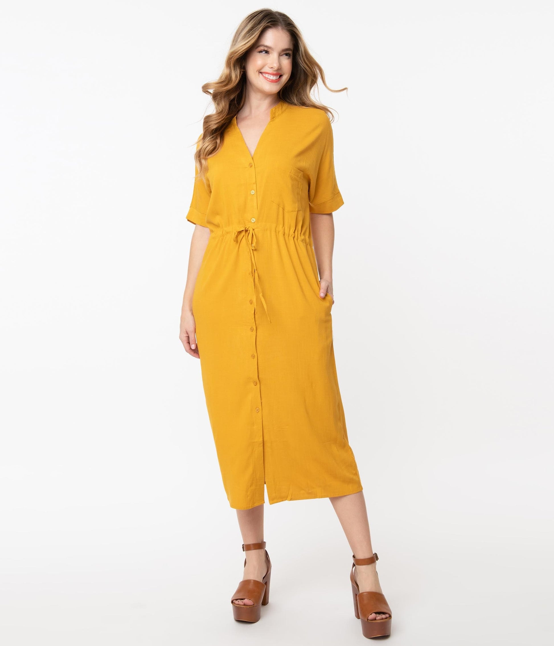 1970s Mustard Button Up Midi Shirtdress