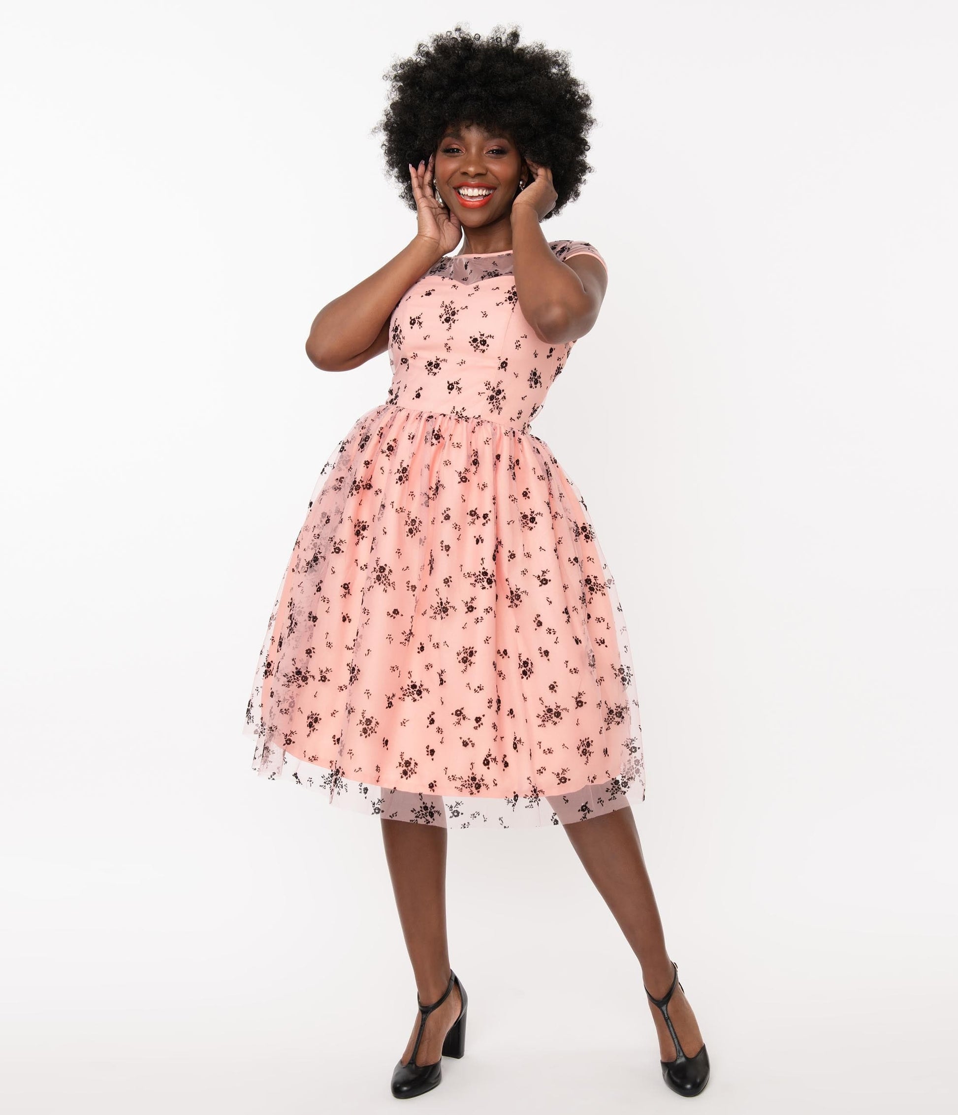 Magnolia Place Pink & Black Spring Floral Bouquet Melissa Swing Dress