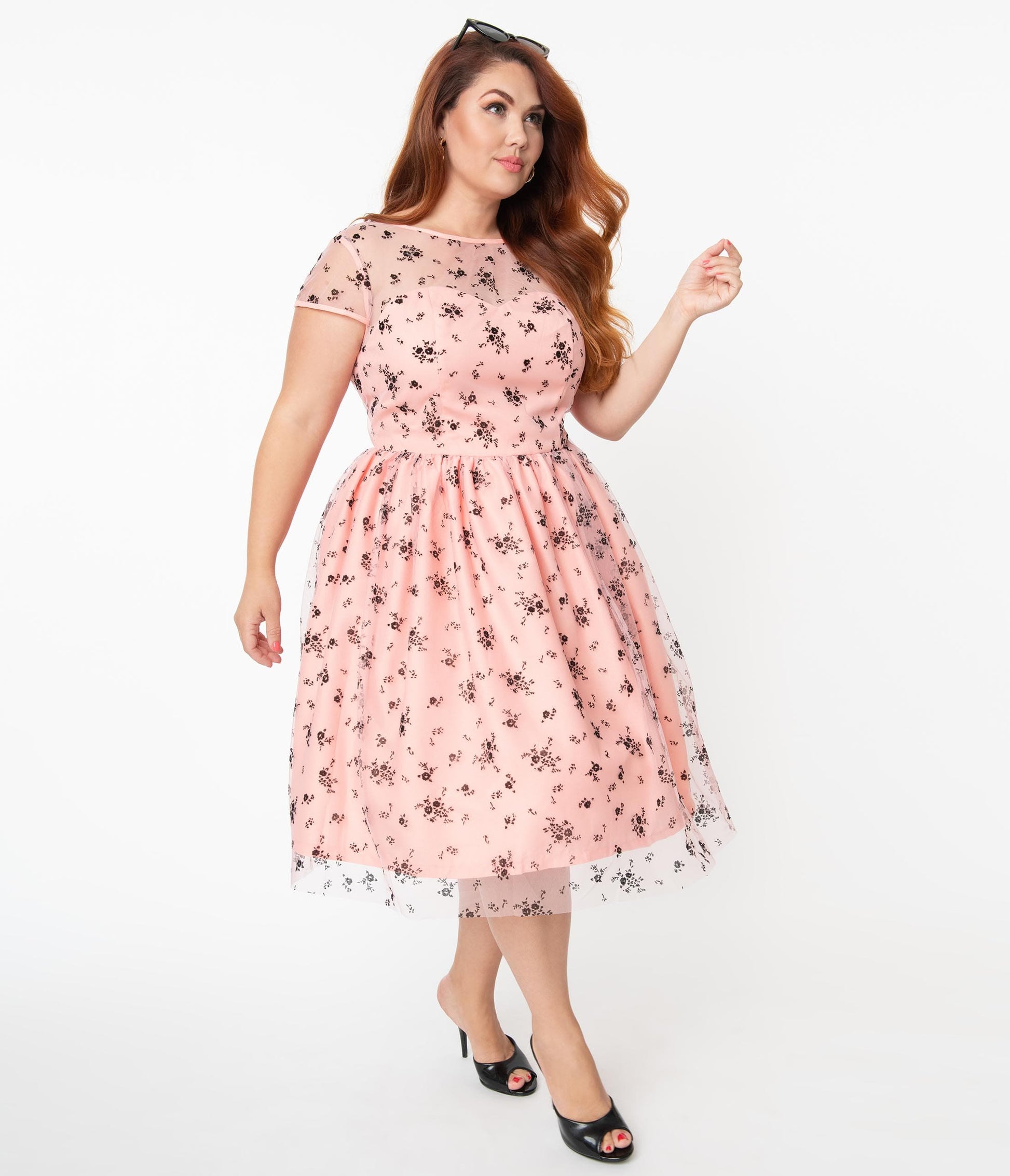 Magnolia Place Plus Size Pink & Black Spring Floral Bouquet Melissa Swing Dress