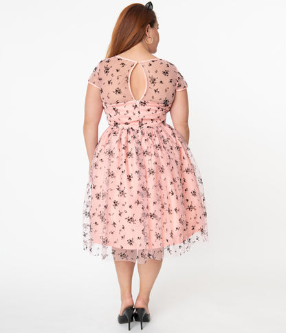 Magnolia Place Plus Size Pink & Black Spring Floral Bouquet Melissa Swing Dress