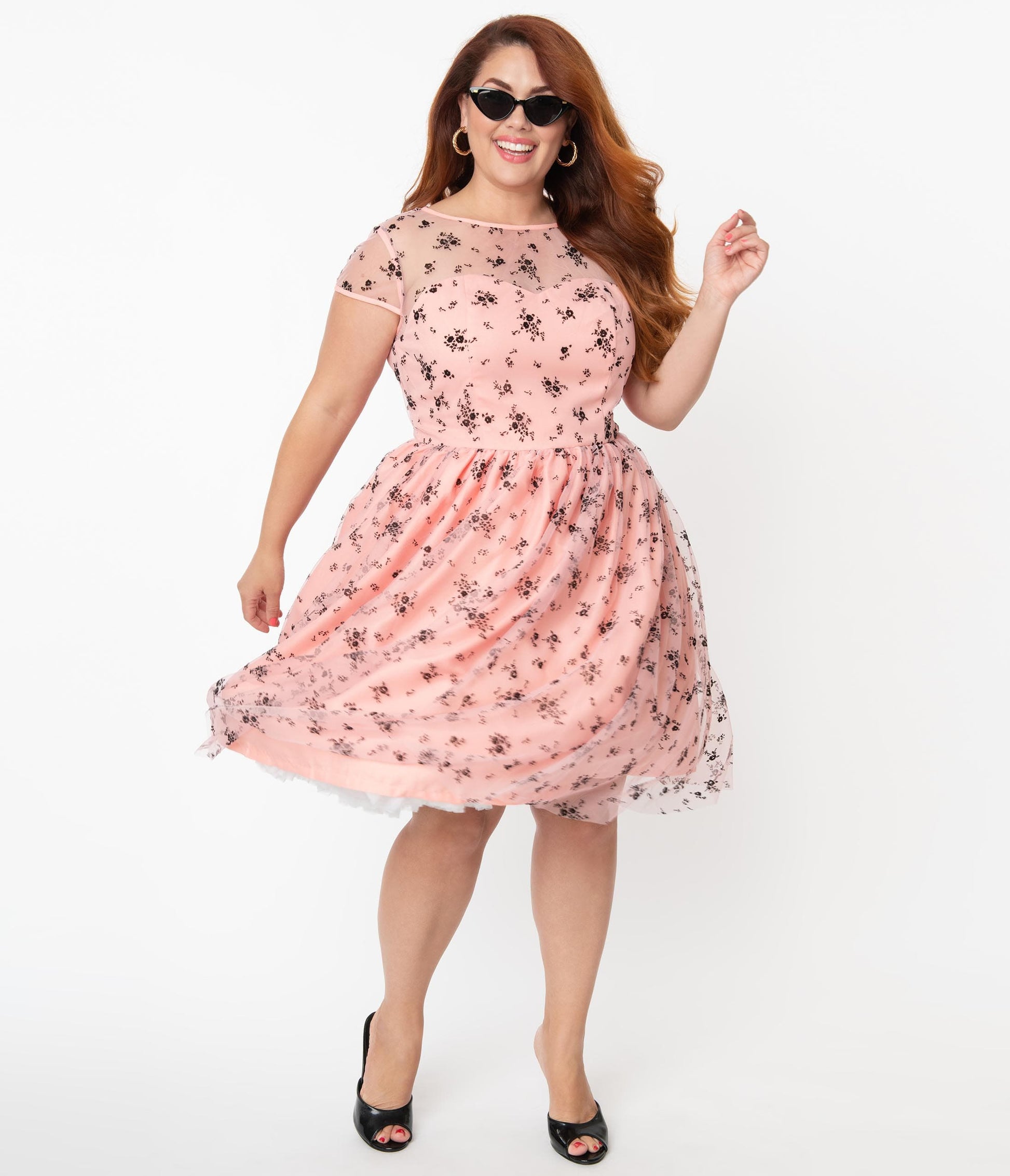 Magnolia Place Plus Size Pink & Black Spring Floral Bouquet Melissa Swing Dress