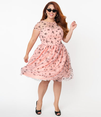 Magnolia Place Plus Size Pink & Black Spring Floral Bouquet Melissa Swing Dress