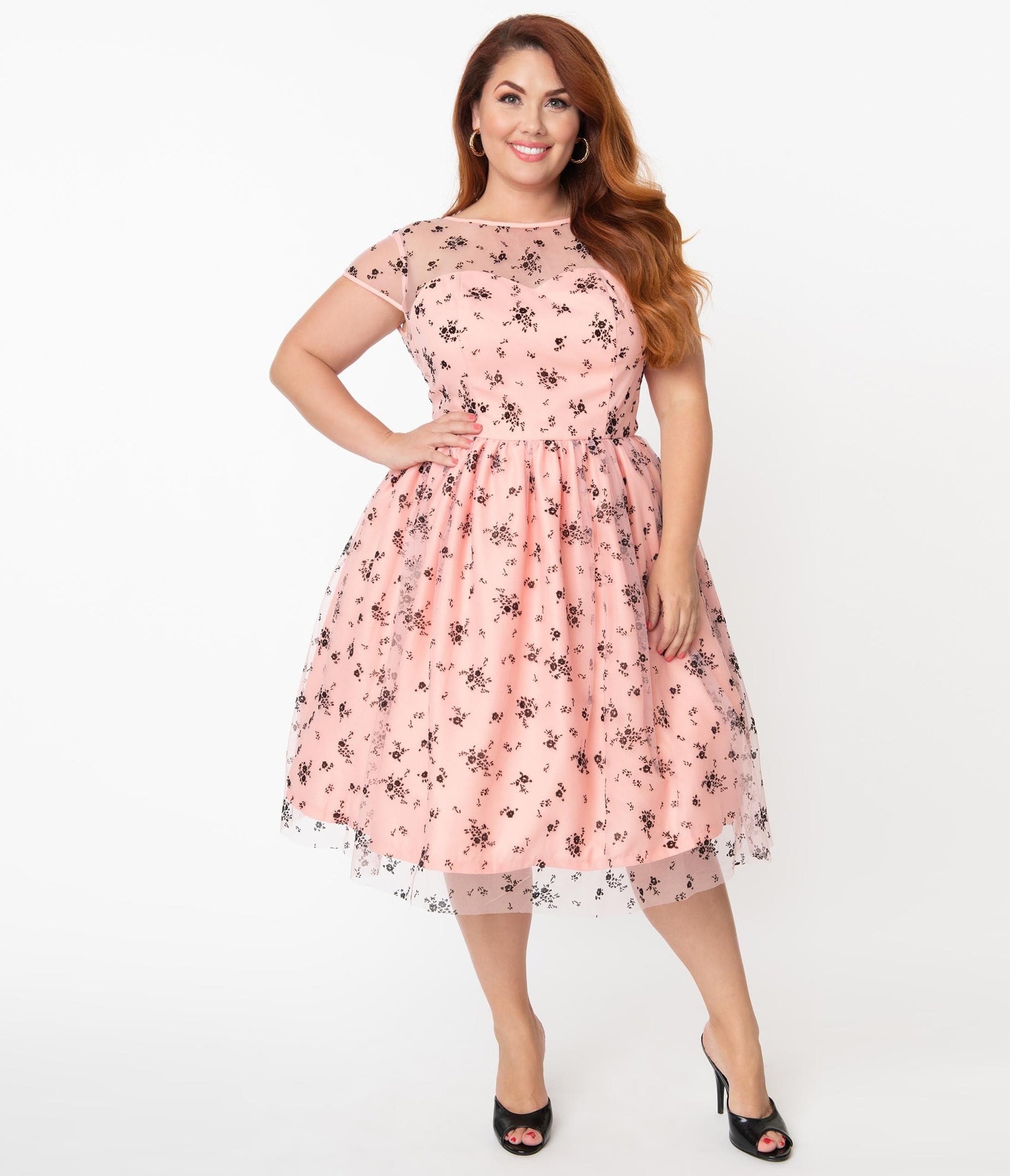 Magnolia Place Plus Size Pink & Black Spring Floral Bouquet Melissa Swing Dress