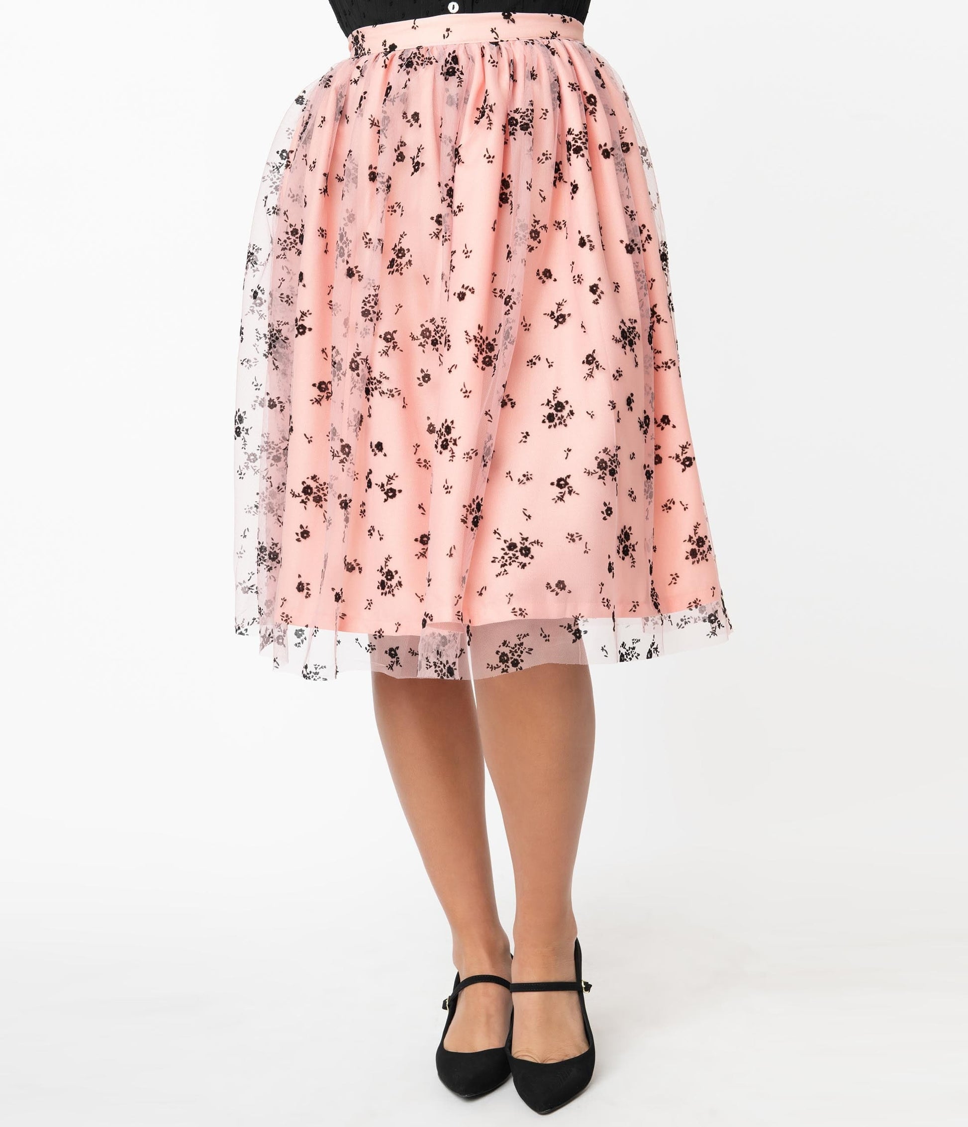 1950s Magnolia Place Pink & Black Spring Floral Bouquet Tulle Swing Skirt
