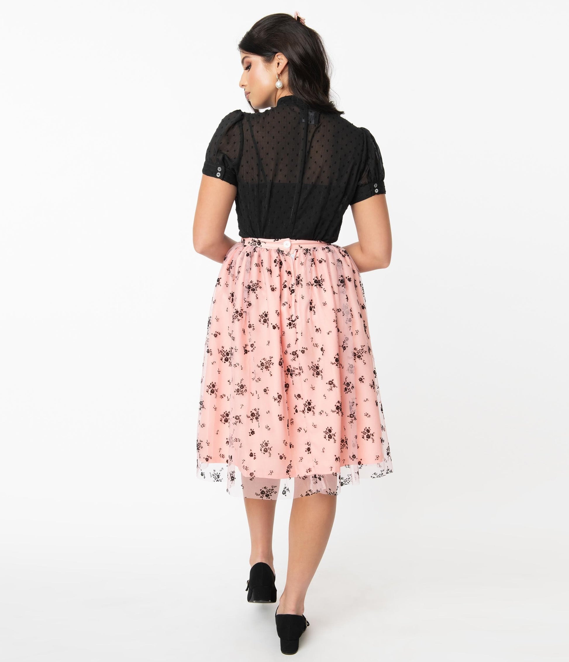 1950s Magnolia Place Pink & Black Spring Floral Bouquet Tulle Swing Skirt