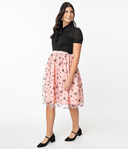 1950s Magnolia Place Pink & Black Spring Floral Bouquet Tulle Swing Skirt