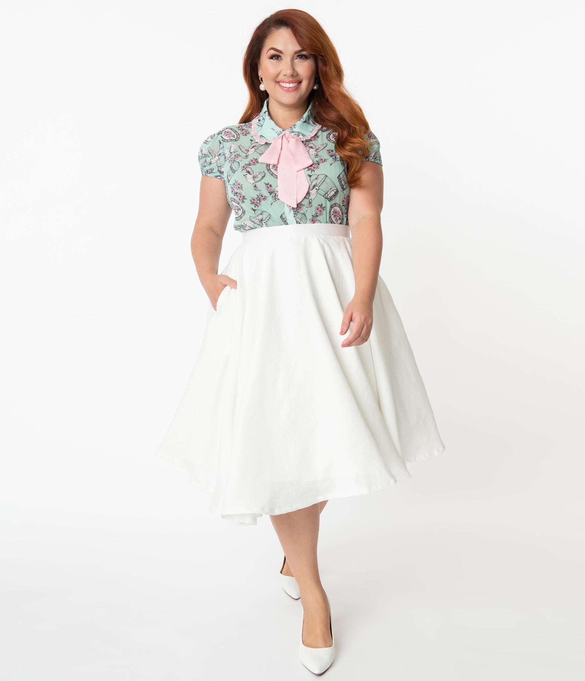 Magnolia Place Plus Size 1950s White Linen Swing Skirt