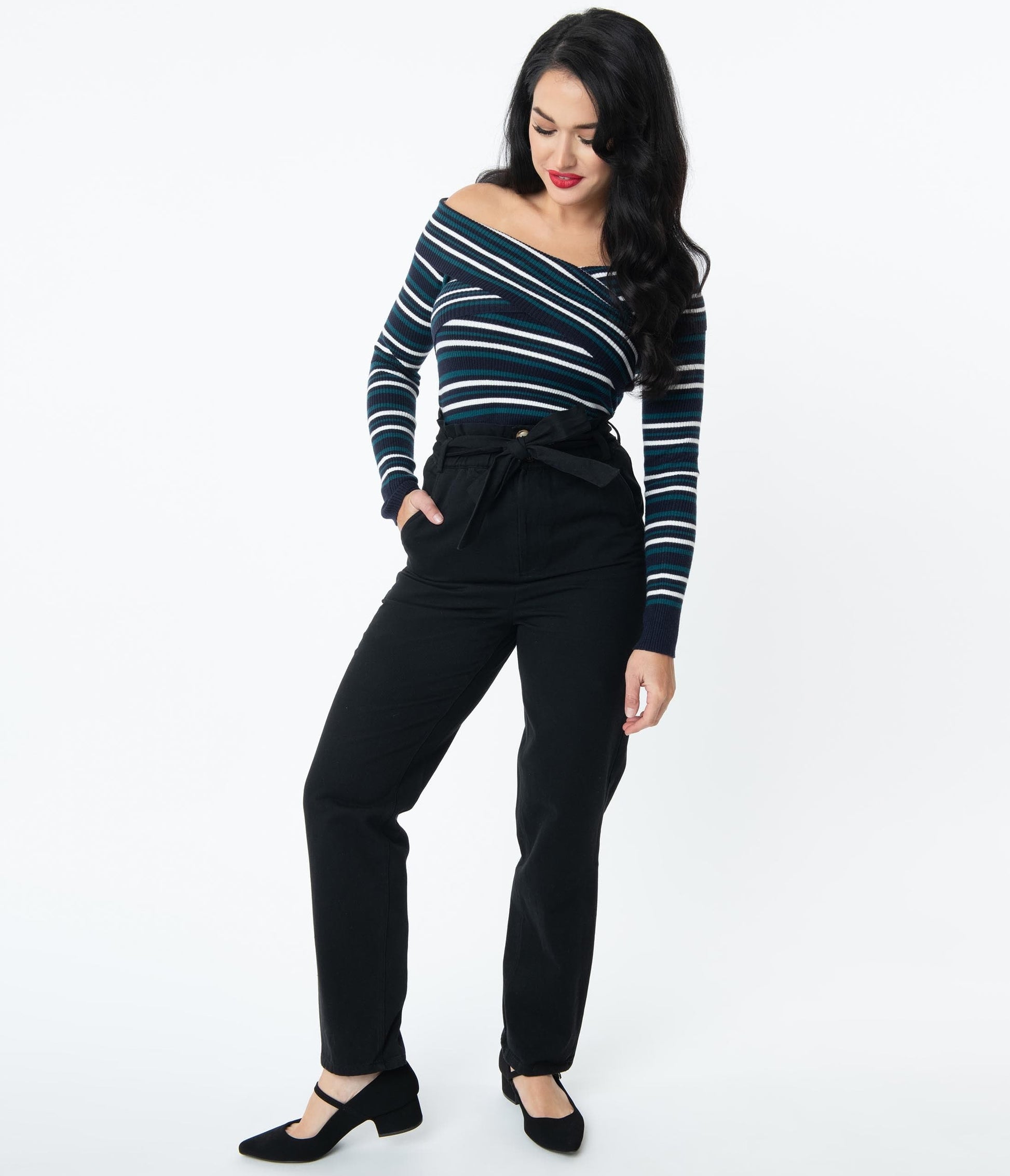 Retro Style Black Paperbag High Waisted Pants