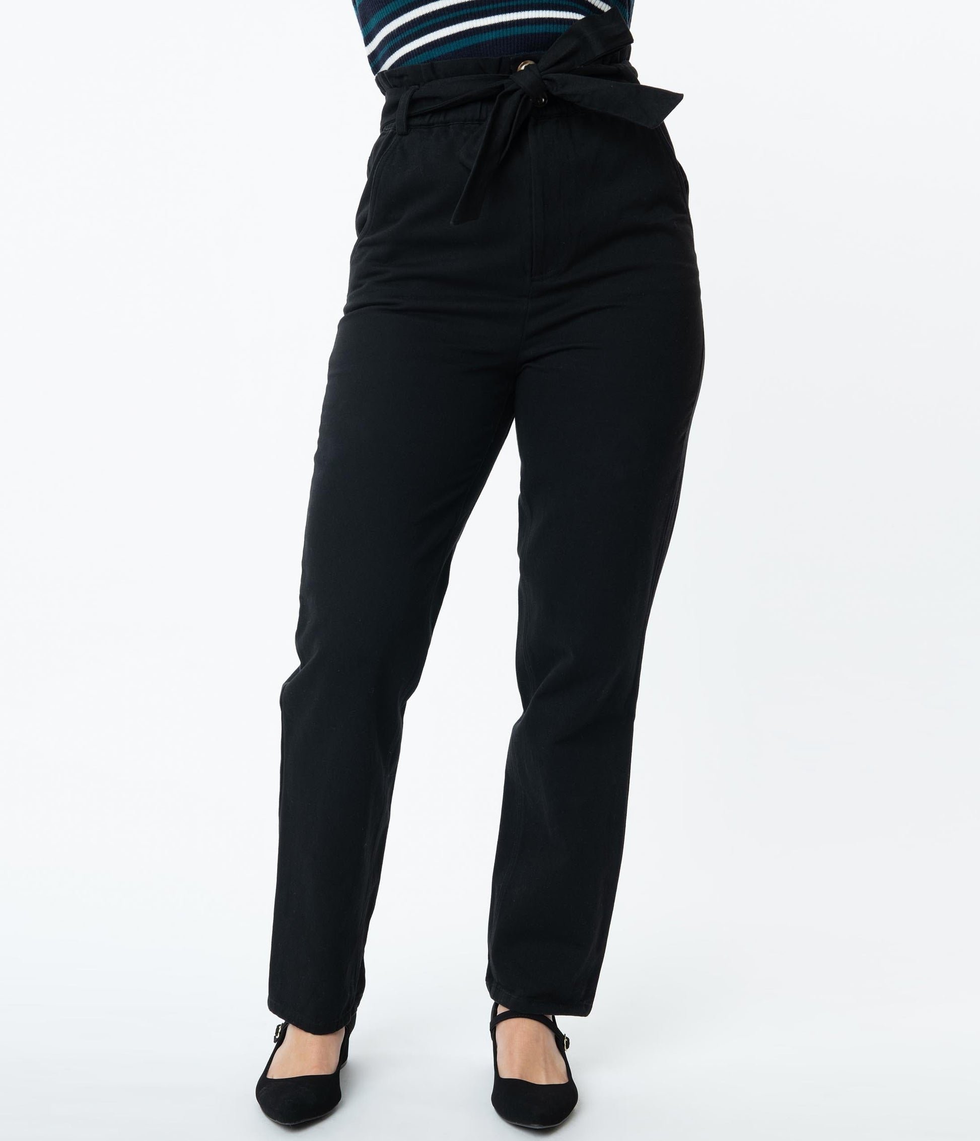 Retro Style Black Paperbag High Waisted Pants
