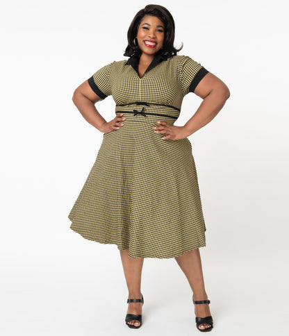Unique Vintage Plus Size 1950s Mustard & Black Gingham Dovima Swing Dress