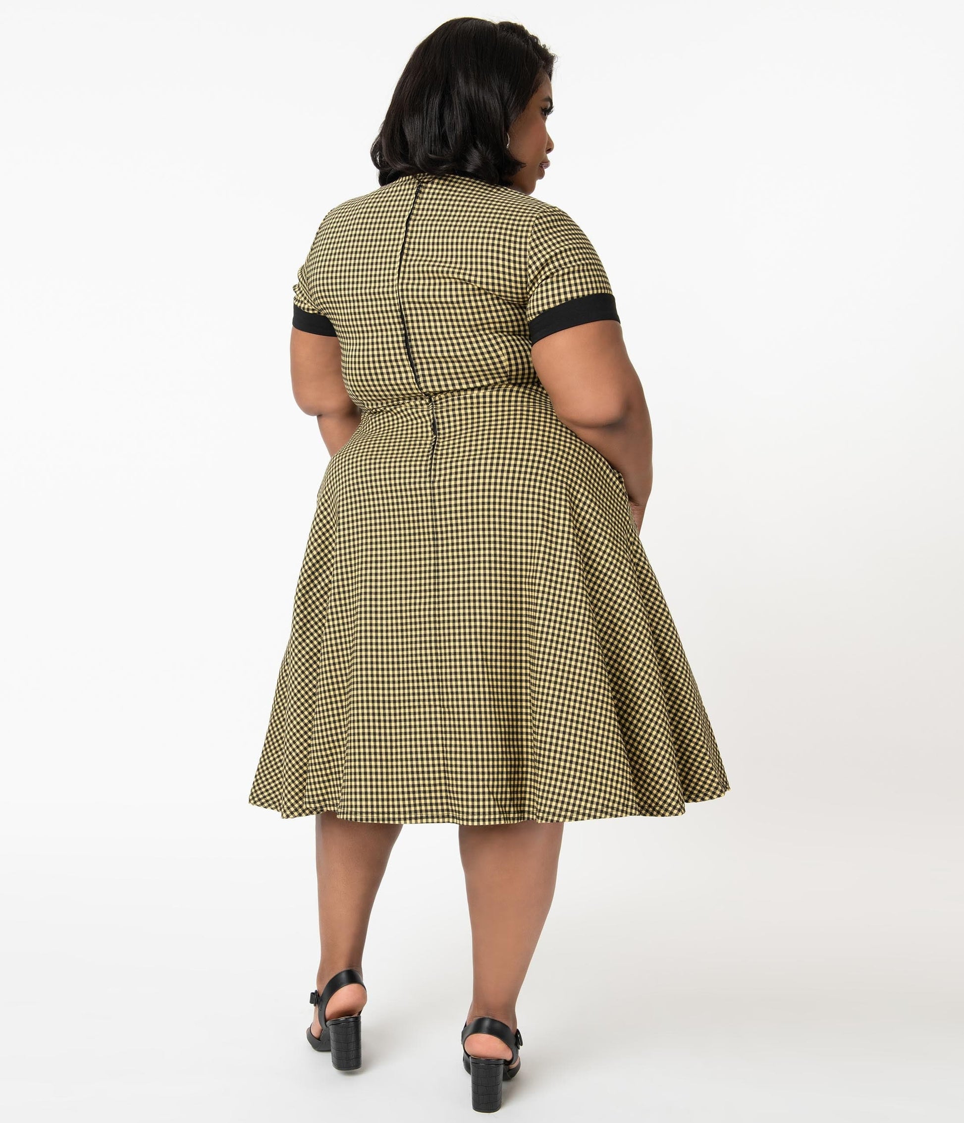 Unique Vintage Plus Size 1950s Mustard & Black Gingham Dovima Swing Dress
