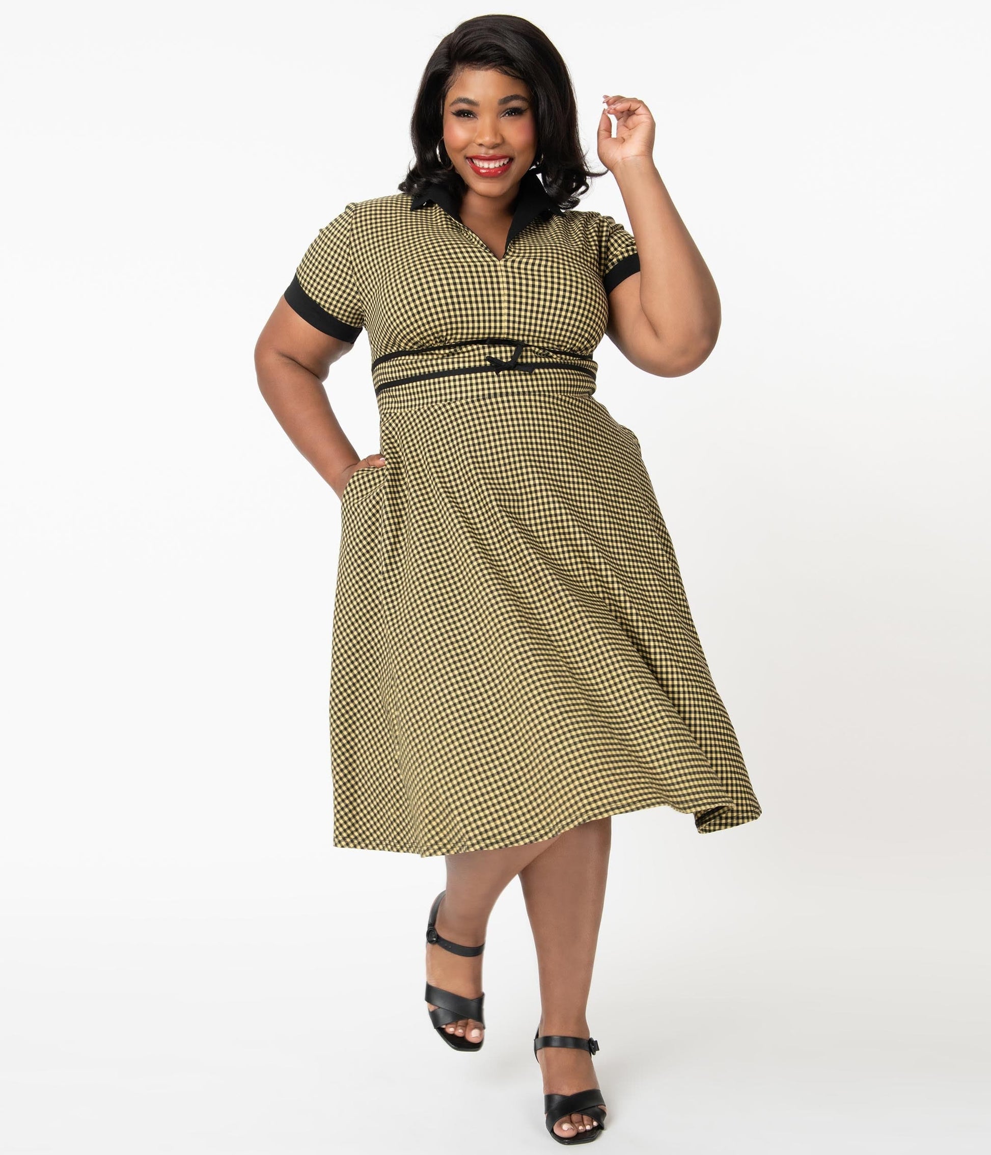 Unique Vintage Plus Size 1950s Mustard & Black Gingham Dovima Swing Dress