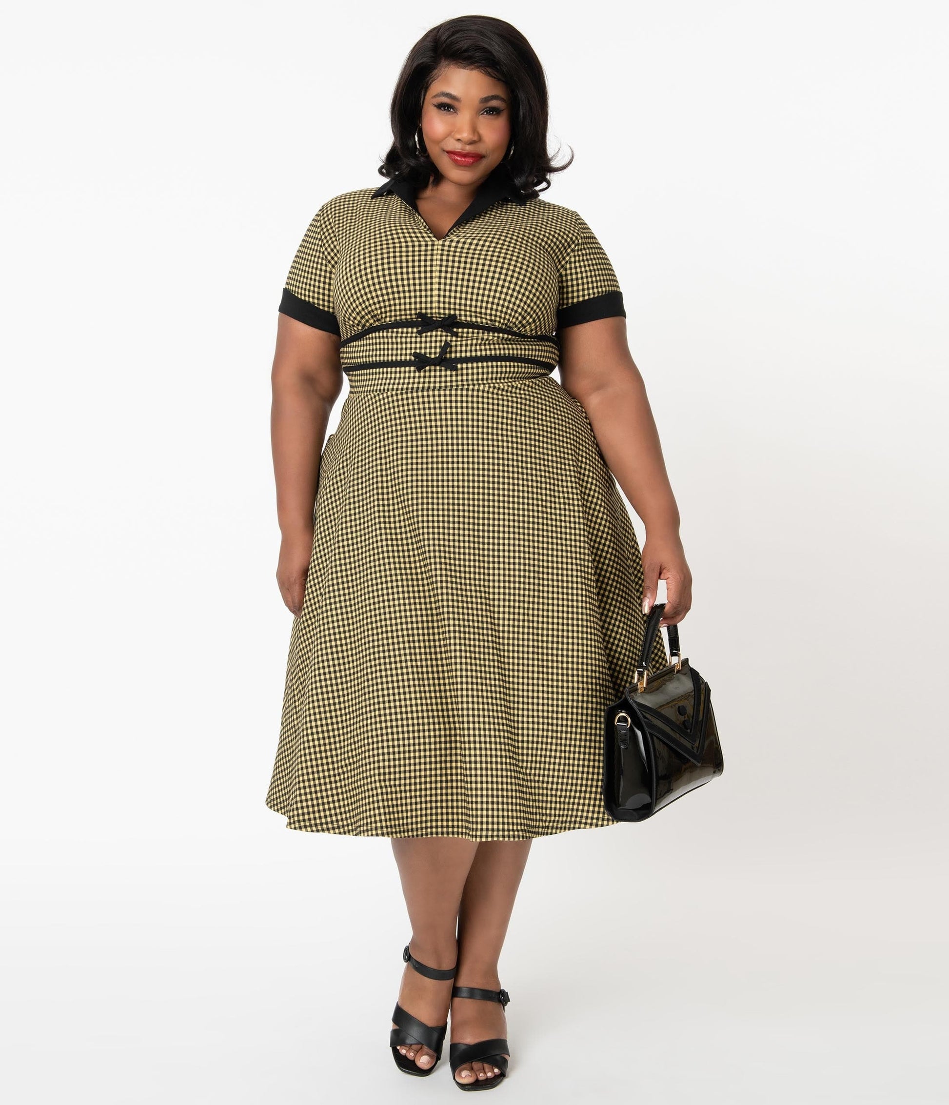 Unique Vintage Plus Size 1950s Mustard & Black Gingham Dovima Swing Dress