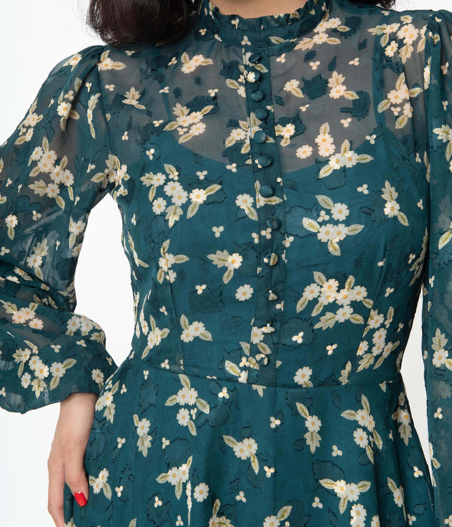 Unique Vintage Teal & White Floral Leota Swing Dress