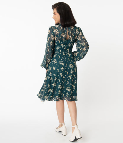 Unique Vintage Teal & White Floral Leota Swing Dress